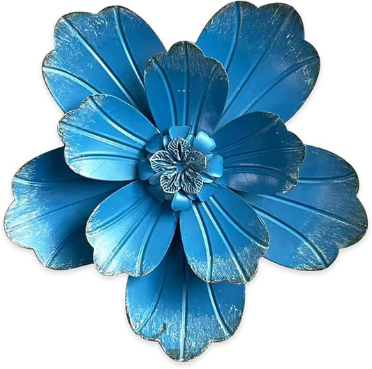Metal Flower Wall Sculpture, 9.5" Rustic Modern Artwork Distressed 3D Layered Vintage Iron Flower Wall Hanging Accent for Indoor Kitchen, Bedroom Living Room Office Outdoor Garden Patio Decor (Blue)