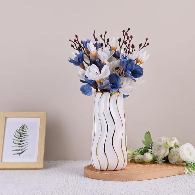 9.5" White Ceramic Vase - Minimalist Decor White and Gold Flower Vase, Modern Pampas Grass Vase, Boho Decorative Centerpiece Vase for Home Decor, Table, Shelf, Mantel, and Entryway