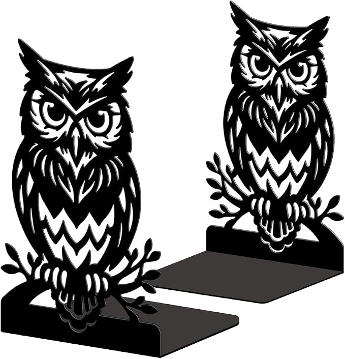Peacoblue Metal Bookends for Shelves, Modern Decorative Heavy Duty Study Book Ends Stoppers for Office, Desk, Shelf, Room 5.3"x4.3"x7.9" Cast Iron Simple Tall Bookends 1 Pair (Owl on Tree Branch)