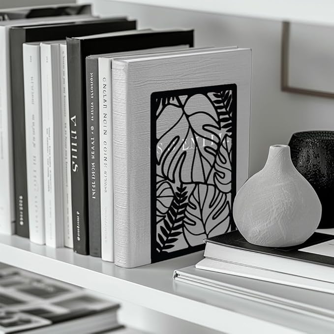 Peacoblue Metal Bookends for Shelves, Modern Decorative Heavy Duty Study Book Support Stoppers for Office, Desk, Shelf, Room 5.3"x4.3"x7.9" Cast Iron Bookends, 1 Pair (Tropical Monstera Deliciosa)