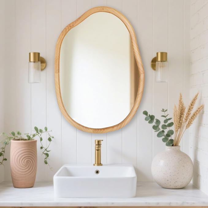Gluck Plants Irregular Wall Mirror,Wood 22X30 Large Asymmetrical Modern Vanity Bathroom Farmhouse Abstract Walnut Nature Mirror for Bedroom Living Room Entryway