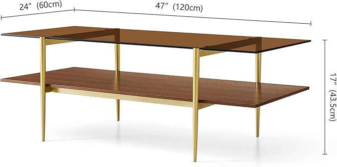 LumFurn Extra Large Rectangle Glass Coffee Table, Mid-Century Modern Design for Living Room, L47 x W24 x H17, Amber Glass Top and Walnut MDF Shelf, Sleek Conical Metal Legs with Gold Finish