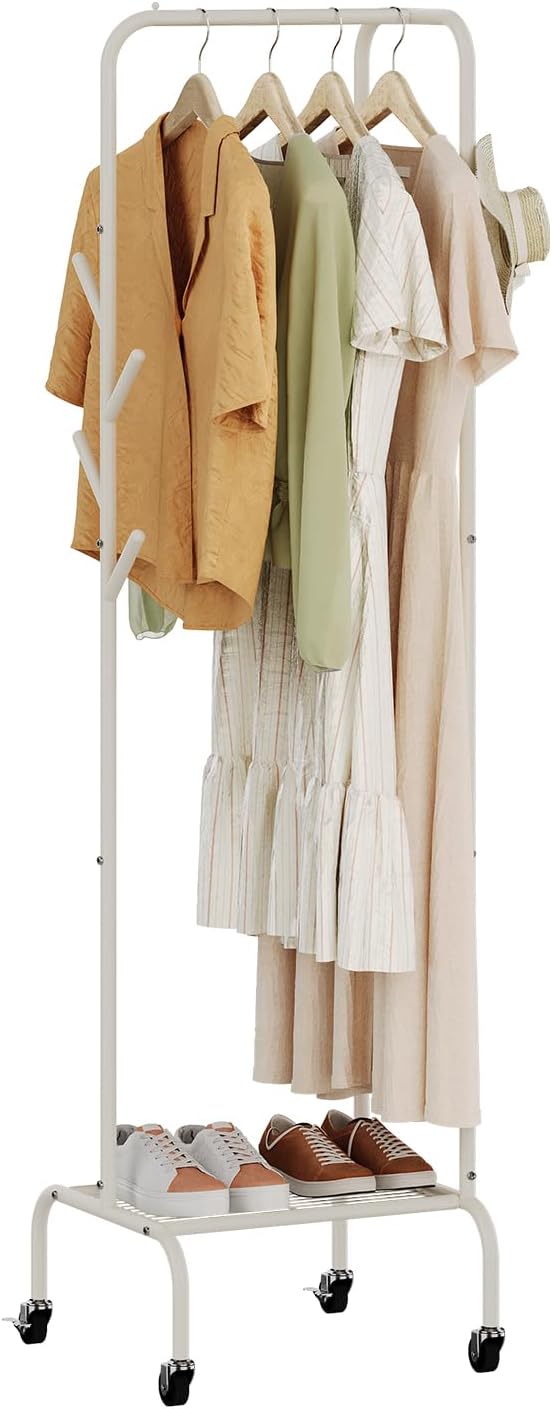 Modern Bamboo Coat Rack, Freestanding with 2 Shelves, 5 Hooks, Rotating Design, Heavy Duty Stand for Entryway, Living Room, 72x24x24 Inches (White)