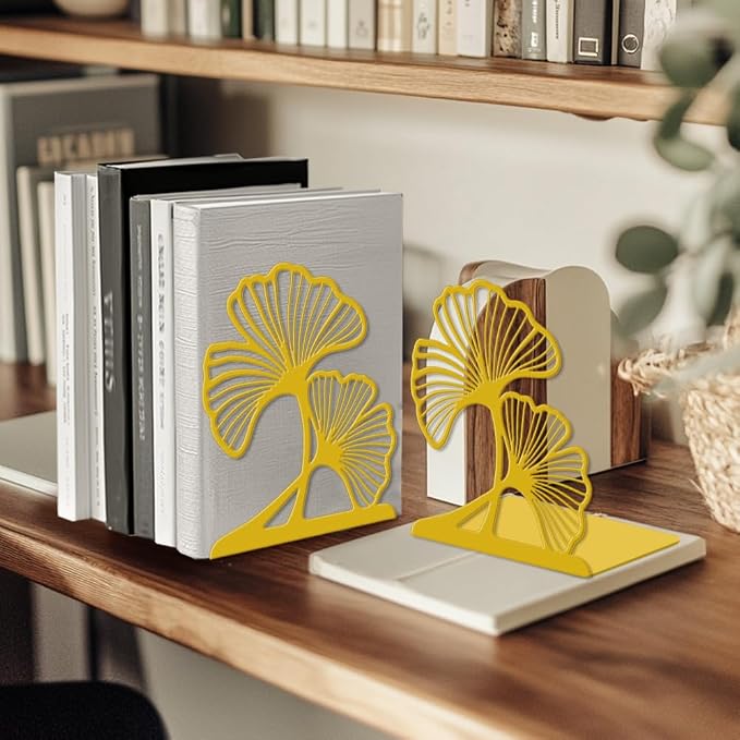 Peacoblue Metal Bookends for Shelves, Modern Decorative Heavy Duty Study Book Ends Stoppers for Office Desk Shelf, Room 5.3"x4.3"x6.1" Cast Iron Tall Bookends 1 Pair (Golden Ginkgo Leaves)