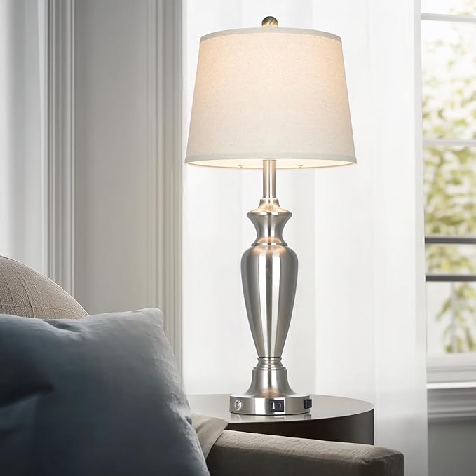 Silver Table Lamp for Living Room Single, 30″ Tall Touch Control Bedside Lamp for Nightstand, 3-Way Dimmable Bedroom Lamp with USB A+C Ports and AC Outlet (1 Pack)