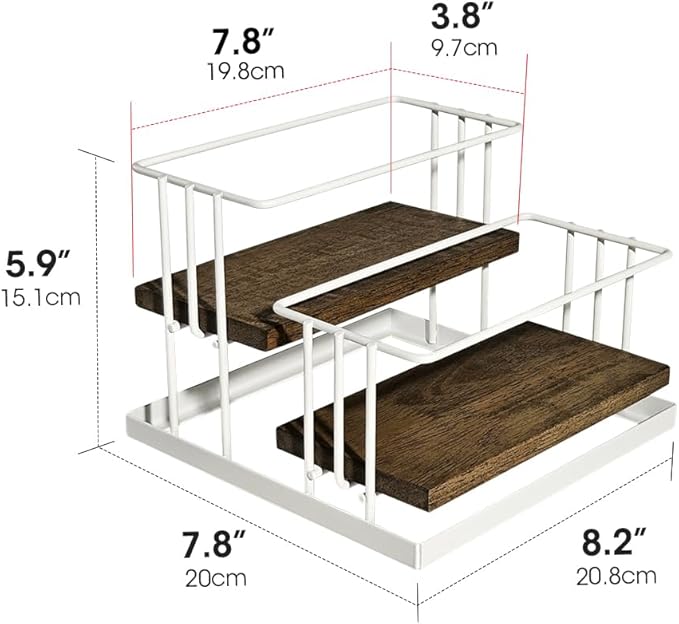 J JACKCUBE DESIGN Cofee Syrup Bottle Holder Rack, Rustic Wood and White Metal Wire 2 Tier 4 Syrup, Wine, Dressing Bottle Countertop Display Storage Stand for Kitchen Coffee Bar- MK816F
