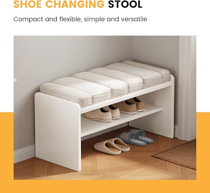 2-Piece Modern Shoe Bench with Storage, Shoe Rack with Cushion Upholstered Fabric Shoes Changing Stool with 2 Tier Storage Space for End of Bed Entryway Bedroom Living Room, Cream White