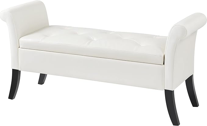 Yaheetech Storage Bench for Entryway Leather Window Bench with Rolled Arms for Bedroom Entryway Window Seat, White