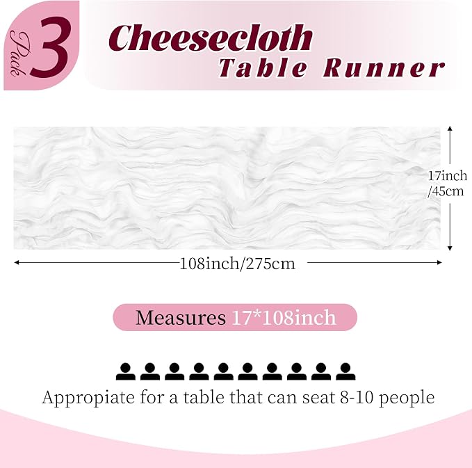 3 Pack White Cheesecloth Table Runner, 17 x 108 Inch, Gauze Cheese Cloth Table Runner Rustic Sheer Runner for Wedding Birthday Party Baby Shower Table Decor(White)