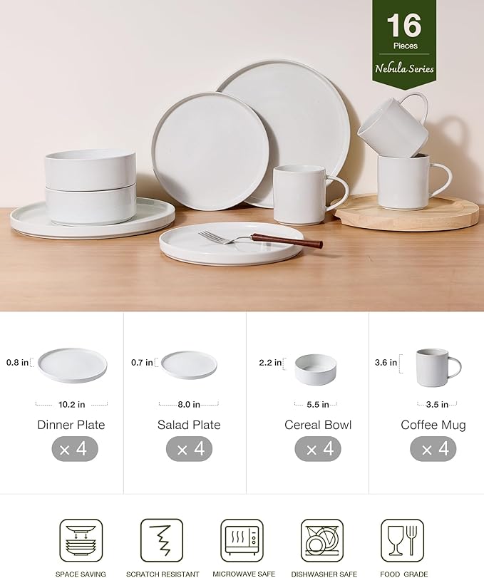 Famiware Nebula Dinnerware Sets with Mugs, Service for 4 (16 Pieces), Fine Stoneware Plates and Bowls Sets, Microwave and Dishwasher Safe Dishes Set, White