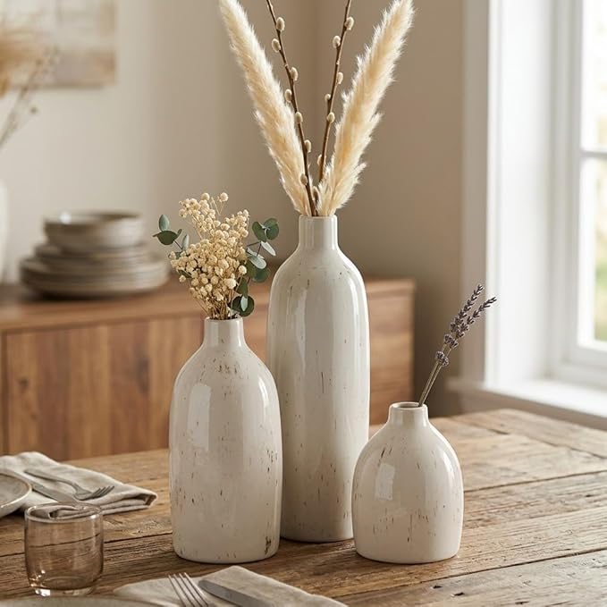 Ceramic Vase Set of 3, Small White Vases Home Decor, Pottery Rustic Farmhouse Decorative Vases with Wide Mouth, Modern Decor for Table Mantel Entryway Bookshelf Living Room Kitchen