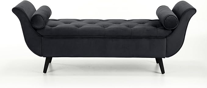65" Velvet Storage Bench, 65" Vintage Upholstered Rolled Armed Button Tufted Stool Bench for Bedroom, Living Room, Entryway, Hallway, Dressing Room (Grey)
