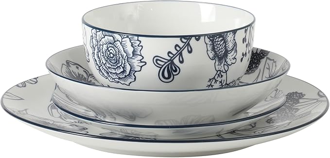 Gibson Home Westerly Court 16-Piece Dinnerware Set, Blue Floral Stoneware Plates & Bowls, Service for 4, Round Durable Everyday Dish Set