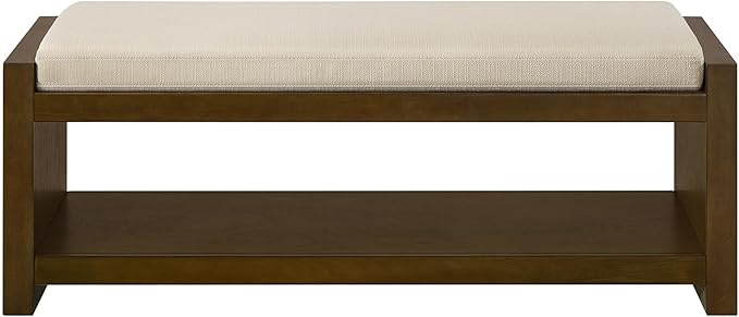 Accent Bench with Lower Shelf Shoe Rack, Padded Seating Bench for Living Room, Modern Compact Bed End Bench with Storage for Bedroom Seating, Removable Cushion (Ivory, 47" L)