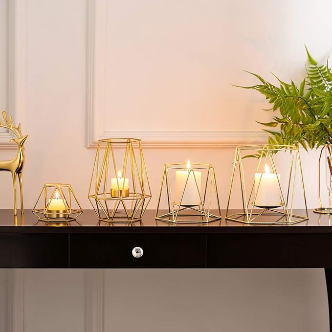 2 Pcs Metal Hexagon Shaped Geometric Design Tea Light Votive Candle Holders, Iron Hollow Tealight Candle Holders for Vintage Wedding Home Decoration, Gold (L + L)