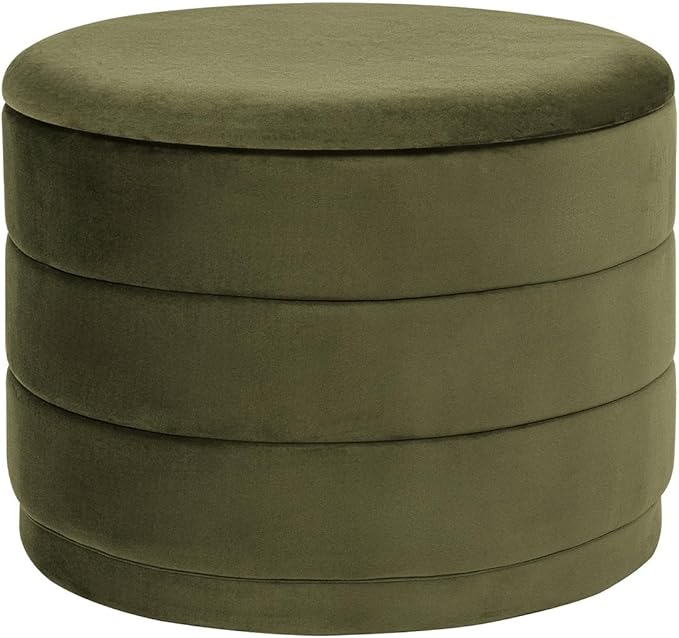 23" Upholstered Round Velvet Ottoman with Storage | Foldable Foot Rest Ottoman with Wooden Tabletop, Decorative Home Furniture for Living Room & Bedroom-Olive