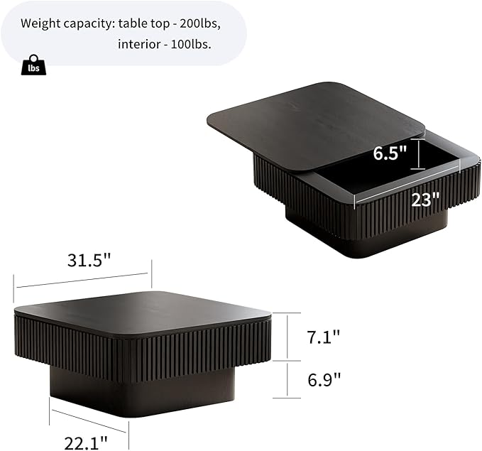 Square Coffee Table for Living Room,Fluted Drum Accent Tea Center Table with Storage,Solid Wood Modern Coffee Tables for Small Space Office Apartment (31.5" L×31.5''W×14''H-Black)