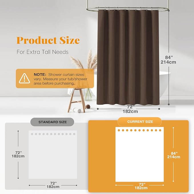 BTTN Fabric Shower Curtain, Linen Textured Heavy Duty Polyester Cloth Shower Curtain Set with Plastic Hooks, Brown, 72x84