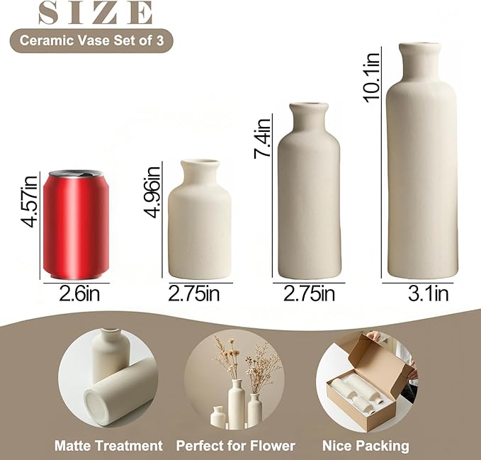 Modern Ceramic Vase Set of 3, Beige Colors, Decorative Bottles for Home, Farmhouse Rustic Decor, Housewarming Gifts, Wedding Gifts, Bridal Shower Gifts, Birthday Gifts for Women (Beige)