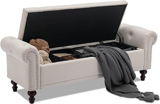 SOFTHION 58.1" Storage Bench Upholstered Linen End of Bedroom Bed Bench Ottoman with Tufted Cushioned Rolled Arm Large Storage Space for Reading Living Room Entryway, Beige