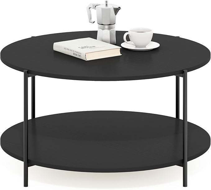 Furinno BESI Coffee Table, 2-Tier Round Modern Coffee Table with Metal Legs, Metal Frame Side Table with Open Shelf, for Living Room, Bedroom, Home Office, Americano