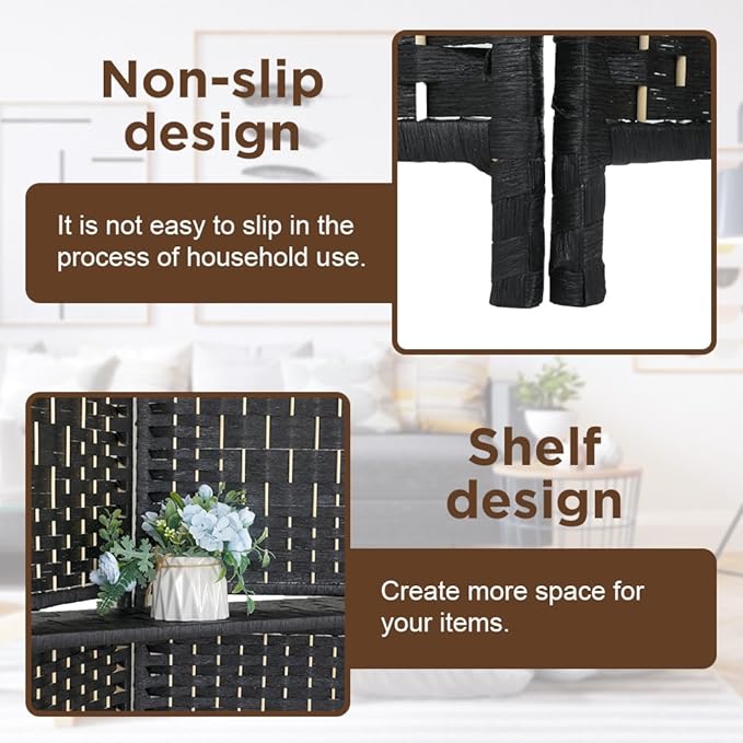 Room Divider 6 Panel Room Screen Divider Wooden Screen Folding Portable Partition Screens Wood with Removable Storage Shelves Color, Black