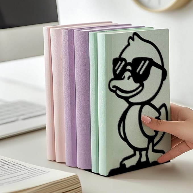 Peacoblue Metal Bookends for Shelves, Modern Decorative Heavy Duty Study Book Ends Stoppers for Office, Desk, Shelf, Room 5.3"x4.3"x7.9" Cast Iron Tall Bookends 1 Pair (Cute Duck with Sunglasses)