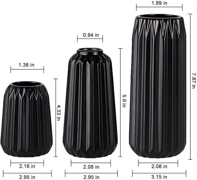 Black Ceramic Vases Set of 3 – Modern Ribbed Vase Centerpieces for Pampas Grass, Eucalyptus, Dried or Fresh Flowers, Minimalist Home Decor for Living Room, Bookshelf, Table & Office