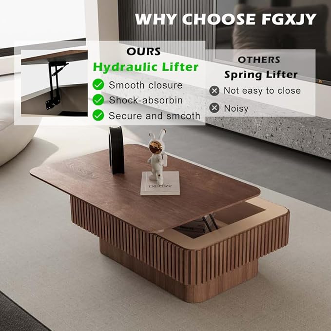 Lift Coffee Table with Storage & Adjustable Height, Solid Wood Coffee Table Fluted Center Table Accent Tea Table or Living Room, Apartment, Office (38.6" Walnut)