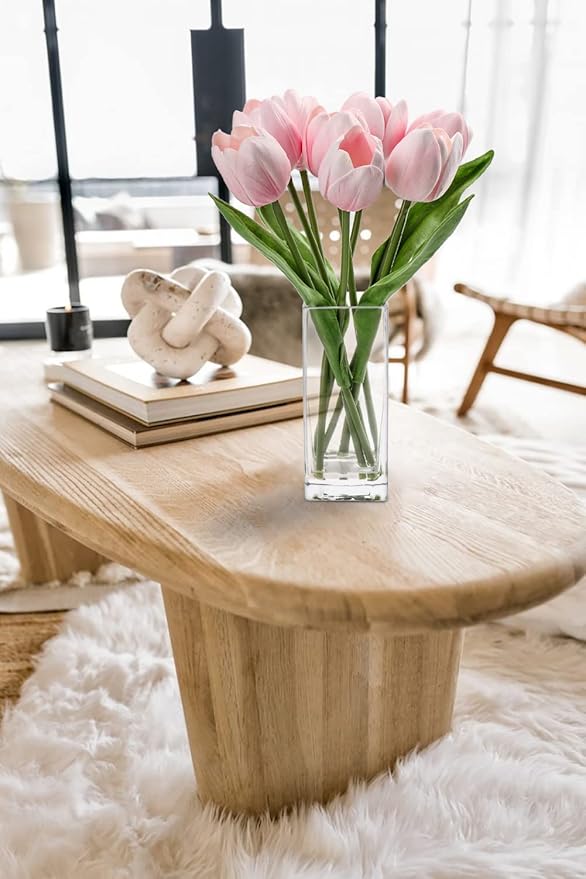 Briful Fake Flowers Artificial Tulip Flower Pink in Clear Vase, Real Touch Foam Tulip Arrangement Suitable for Home Office Decoration, Dining Table Centerpiece