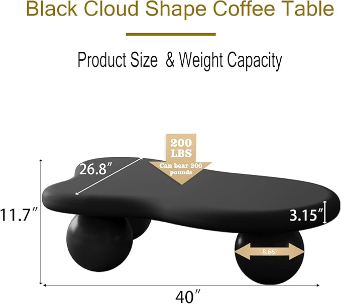 40" Cloud Coffee Table for Living Room Irregular Coffee Table Modern Unique Coffee Tables Low Cute Center Tables with Ball Legs for Small Space Apartment Cream Black