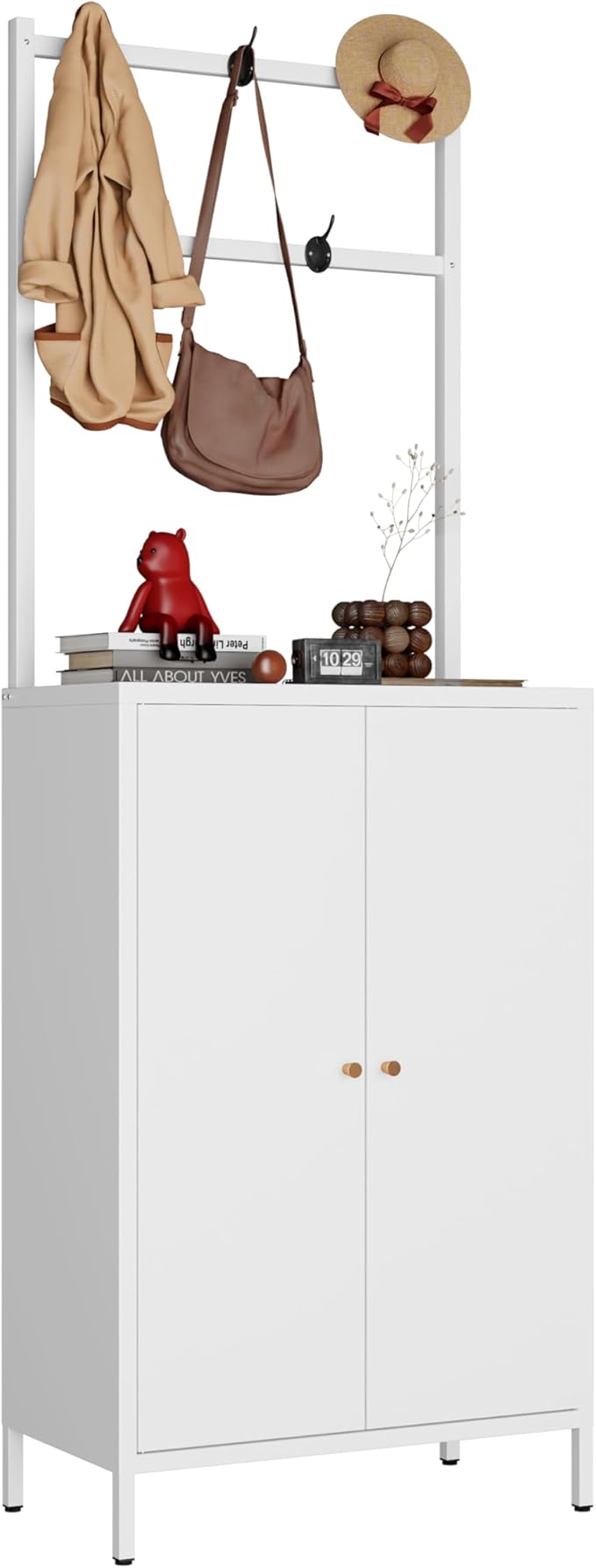 Hall Tree, 72” Shoe Cabinet with Rack, 2-Door Metal Shoe Organizer with 3 Adjustable Shelves & 5 Hooks, Farmhouse Hallway Cabinet for Shoes, Hats, and Keys, White