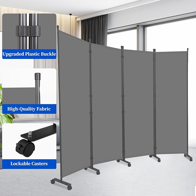 Room Divider 6FT Room Partition with Lockable Wheels Room Dividers, Freestanding Indoor Folding Privacy Screens, Portable Fabric Wall Divider for (Light Grey, 88"- 4 Panel)