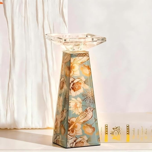 Tall Glass Candlestick Holder with Floral Butterfly Pattern,Candle Holder for Pillar and Long Candles, Single Piece Decorative Centerpiece for Dining Room, Living Room, Women’s Day Gift