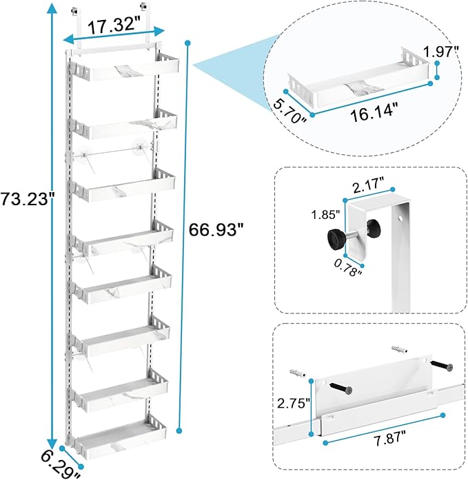 BUKFEN 8-Tier Over the Door Pantry Organizer, 2-in-1 Door Hanging or Wall Mounted Spice Rack, Heavy Duty Metal Storage Shelves with Adjustable Baskets for Kitchen Bathroom Closet