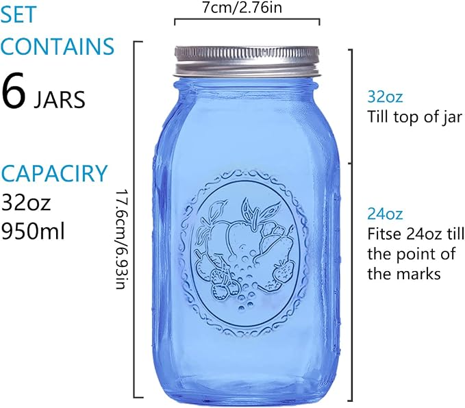 eleganttime Regular Mouth Mason Jars 32 oz,6 Pack Blue Glass Colored Canning Jars with Airtight Lids for Canning,Pickling,Storage,DIY Crafts & Décor