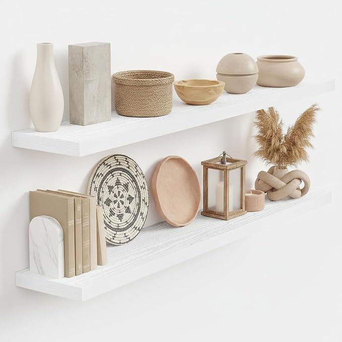 Vivelove White Floating Shelves 40 Inches Long, Wall Display Shelves with Invisible Brackets, for Bathroom Living Room Kitchen Bedroom Office Farmhouse Home Decor, 40x9.3X 1.5 - Set of 2, White