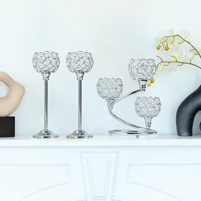 Silver Metal Crystal Candle Holder Set of 3 - Elegant 5-Arm Metal Tea Light Centerpiece with Shining Crystal Bowl, Wedding Anniversary Table Decor for Dining, Party