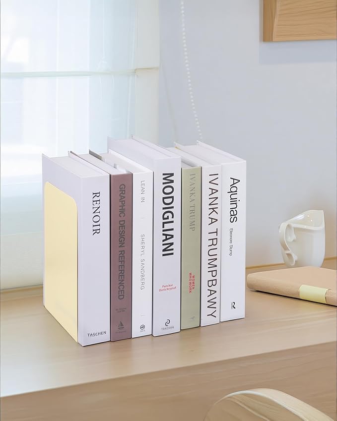 Book Ends, Bookends for Shelves, Home, Office, Metal Book Stopper for Books, Metal Bookend Supports, Modern Minimalist Style Decorative Bookend, Milky White (4Pair/8Pcs)