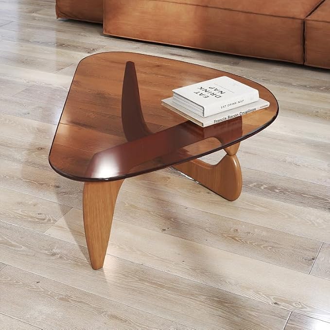 Mid Century Modern Coffee Table, 35.5″Center Table with Solid Wood Base & Triangle Tempered Glass Top, for Small Spaces/Living Room Reception/Office, Unique, Rustic