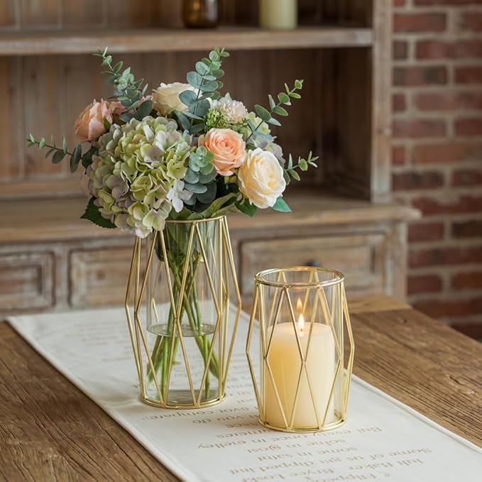 Nuptio Candle Holders for Pillar Candles - Geometric Candleholders Gold Flower Vase with Hurricane Cylinder Glass Dual Uses for Wedding Birthday Party Table Living Room Centerpieces