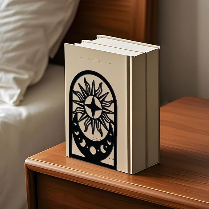 WADORN Moon Sun Metal Bookends for Shelves Decorative 1 Pair, Heavy Duty Books End Support Non-Skid Book Holders Black L-Shaped Book Stopper for Home Office Desk Books Divider, 4.7x3.5x7 Inch