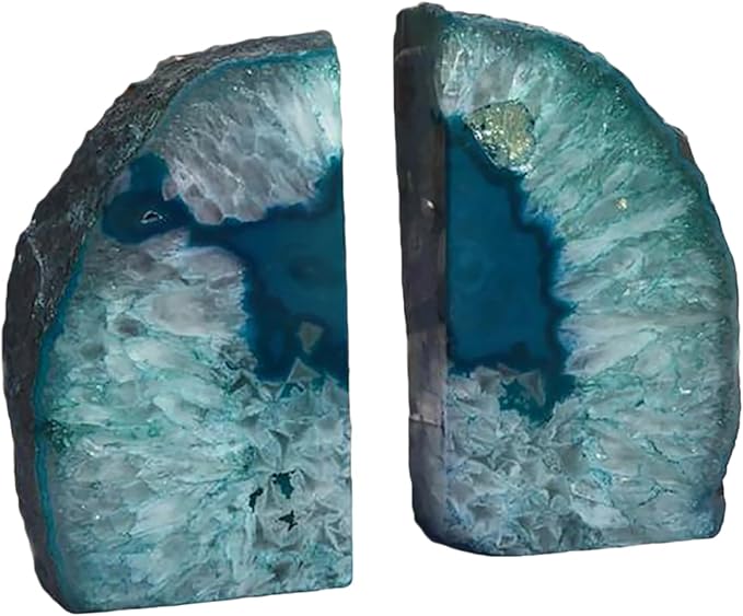 JIC Gem Crystal Bookends for Shelves Teal Agate Bookends Geode Book Ends to Hold Books Heavy Duty Bookends with Rubber Bumpers for Decoration(1 Pair, 6 to 8 Lbs)