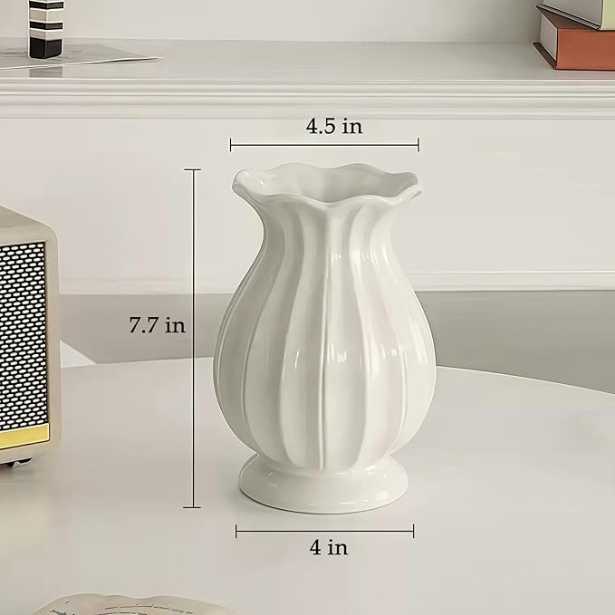 White Vase, Modern Ceramic Flower Vase for Home Décor, Wavy Edge Ribbed Design Pedestal Vases, Minimalism Flared Vases for Living Room Table Centerpieces (7.5" H x 4.5" W)