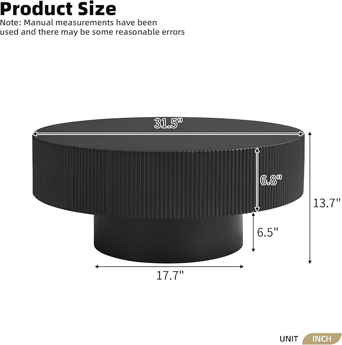 WILLIAMSPACE 31.5" Black Round Coffee Table with 6.8" Thick Tabletop & Sturdy Base, Modern Drum Center Table Circle Accent Side Table for Living Room, Minimalist Fluted Design, Black