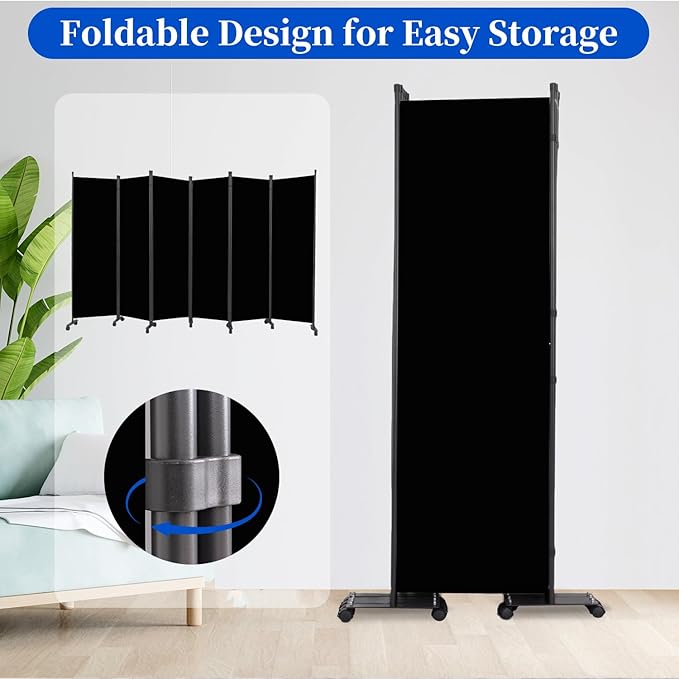 Room Divider 6FT Room Partition with Lockable Wheels Room Dividers, Freestanding Indoor Folding Privacy Screens, Portable Fabric Wall Divider (Deep Black, 132"- 6 Panel)