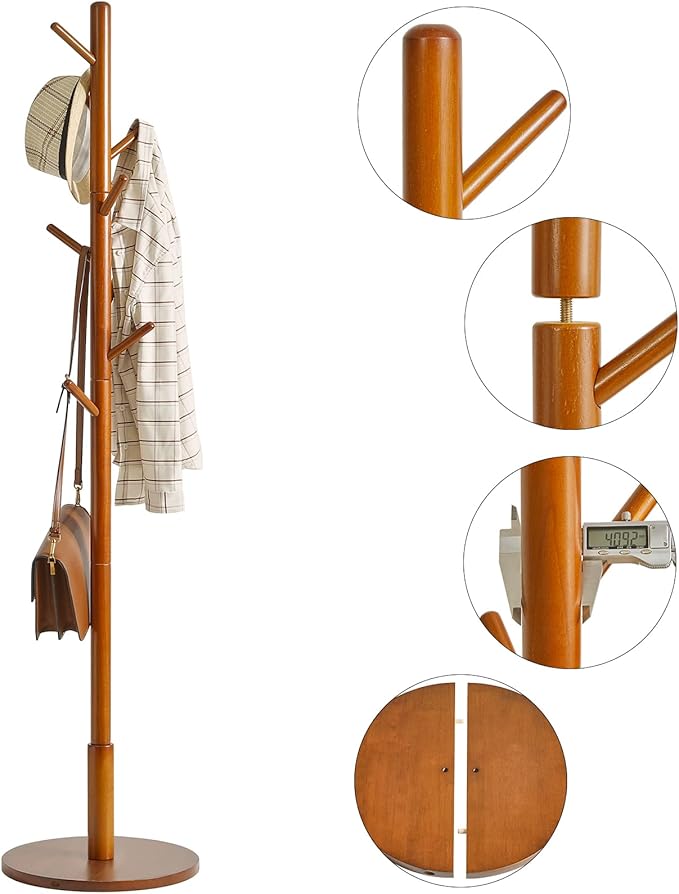 IBUYKE Coat Rack Stand, Freestanding Coat Tree with Solid Round Base and 8 Hooks, Easy Assembly Wooden Coat Hanger, Clothes Rack for Hallway Entryway, Living Room, Bedroom, Office, Brown WD-113