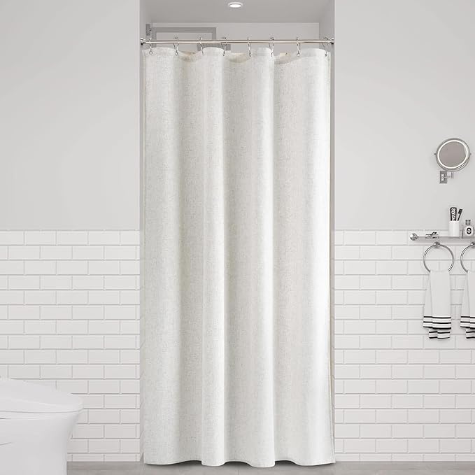 Naturoom 54 Inch Shower Curtain - Stall Narrow Half Linen Ultra Thick Fabric Shower Curtain Set with Hooks, Boho Farmhouse Rustic RV Camper Bath Curtains for Bathroom, Beige White, 54x78