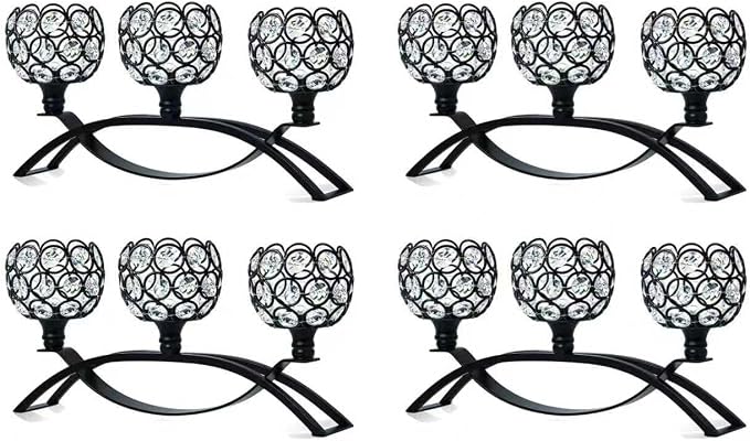 Crystal Tealight Candle Holder Centerpiece Home Decorative Candlestick Holder Elegant Table Centerpiece Home Decor Wedding Party Anniversary (Black, 3 Arm of 4 Pcs)