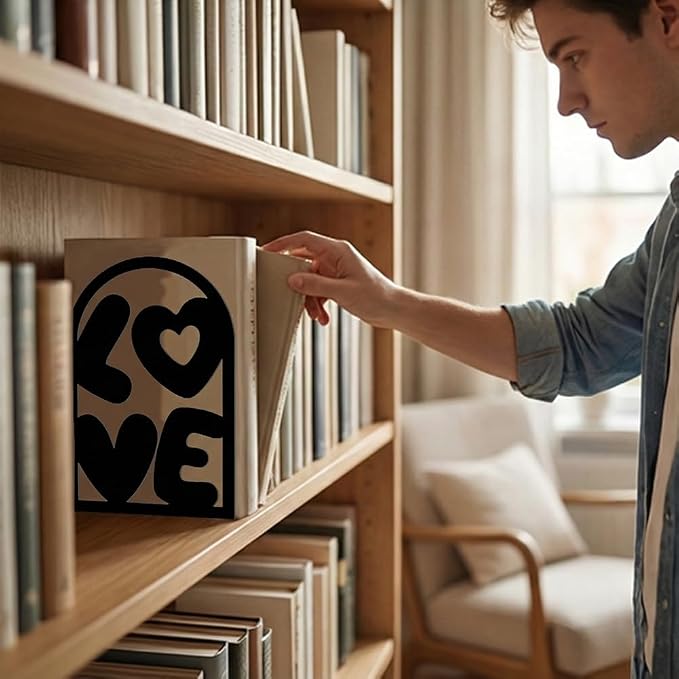 Decorative Book Ends, 2 Pcs Love Decor Metal Bookends Rectangular Black Bookends for Shelf Decoration and Book Organization